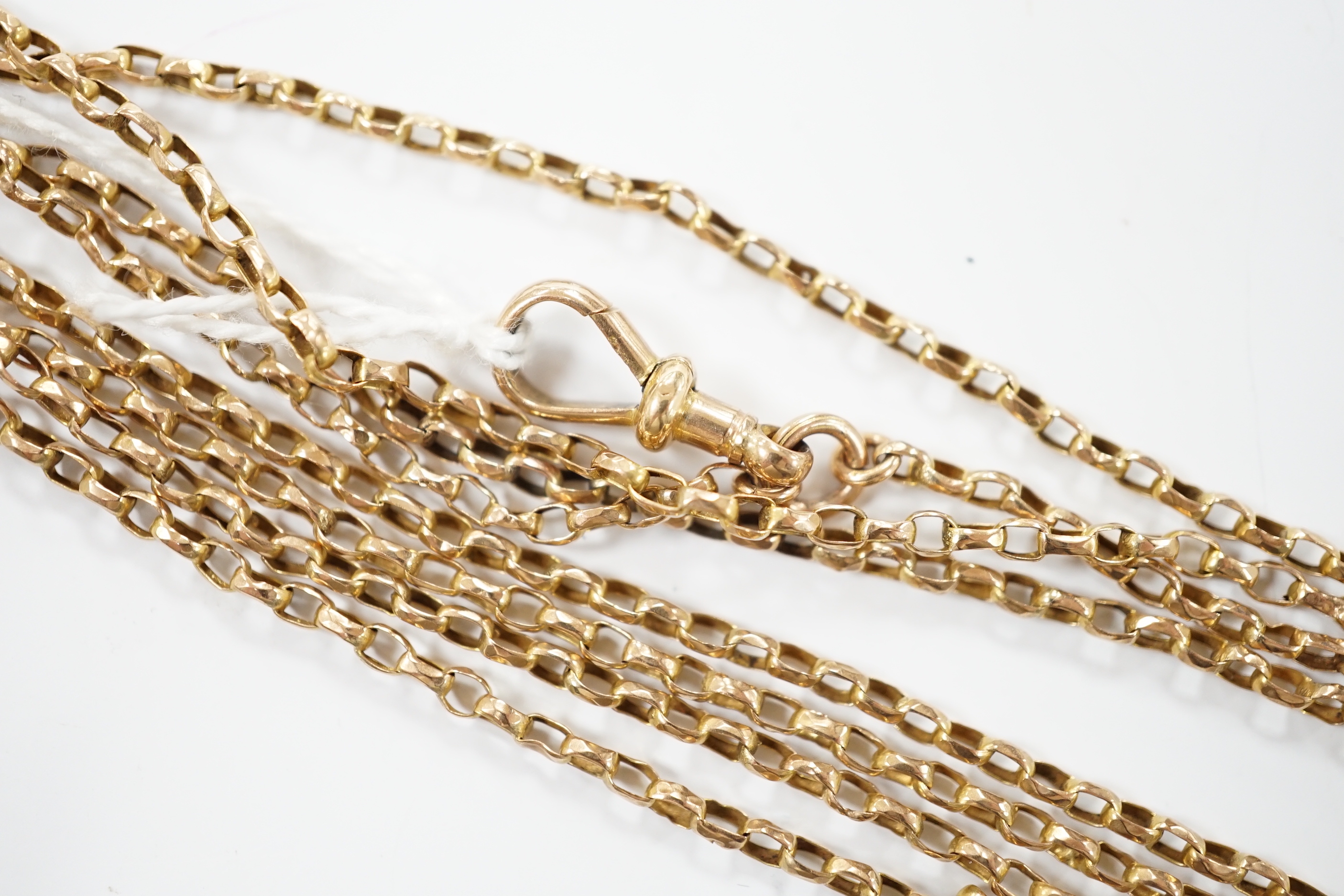 A 19th century 9ct oval link guard chain, 145cm, 8.4 grams.